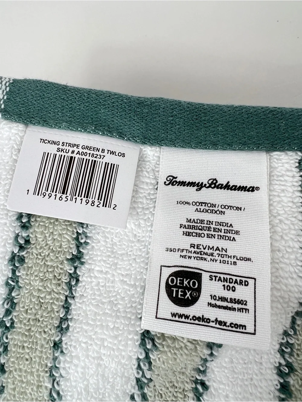 Tommy Bahama Bathroom Towel Set Green and White Ticking Stripe Cotton 2 Pc NEW